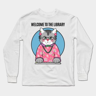 Librarian Grey Cat in Pink Long Sleeve T-Shirt